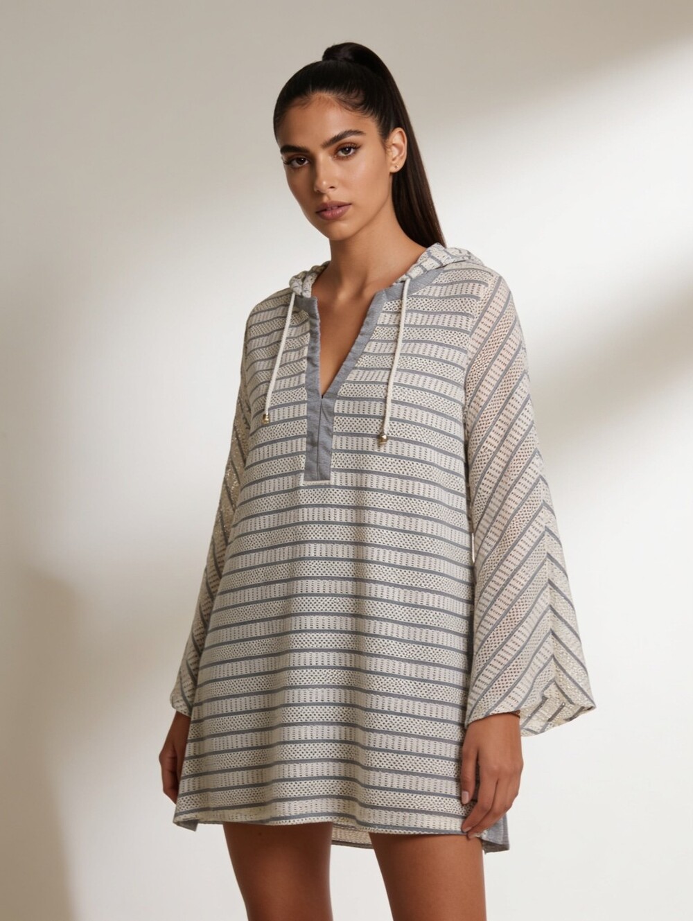 Saint Tropez West Striped Hooded Pullover Dress — White & Gray